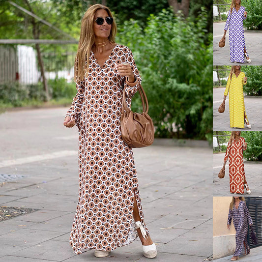 Summer Geometric Printed V-neck Long Dress Fashion Long Sleeve Slit
