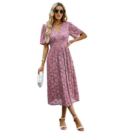 Fashion V-neck Lace Elegant Short Sleeve Long Dress