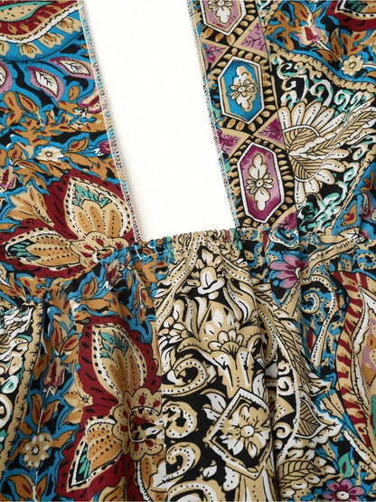 Women Print  High Waisted Cross Halter Neck With Tie Maxi Dress