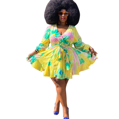 Long Sleeve Mini Bodycon Dress Print Pleated V-Neck Plus Size Dress