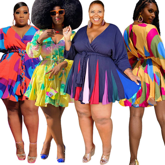 Long Sleeve Mini Bodycon Dress Print Pleated V-Neck Plus Size Dress