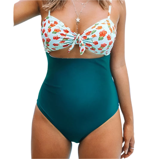 High Waist One-Piece Multicolor Printed Maternity Swimwear