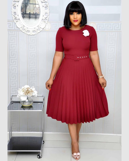 Round Neck Plus Size Pleated Dress