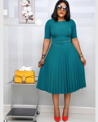 Round Neck Plus Size Pleated Dress