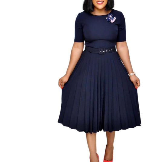Round Neck Plus Size Pleated Dress