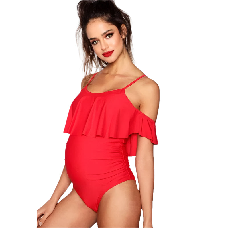 One-piece One-shoulder Ruffled Solid Color Maternity Swimsuit