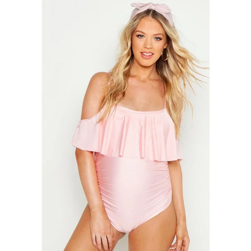 One-piece One-shoulder Ruffled Solid Color Maternity Swimsuit