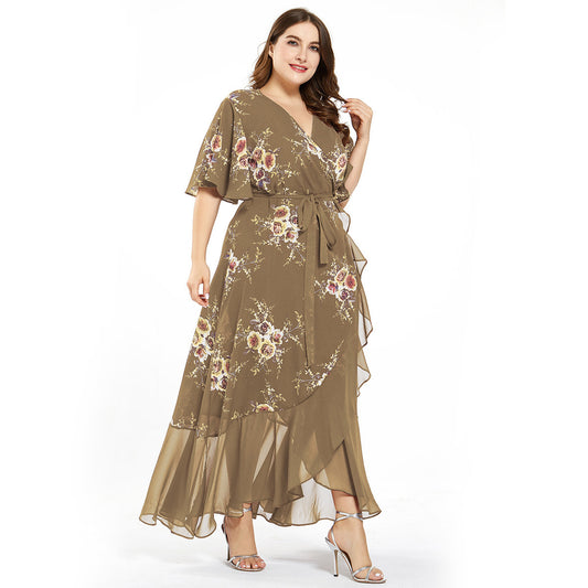Plus Size Women Printed Chiffon long dress