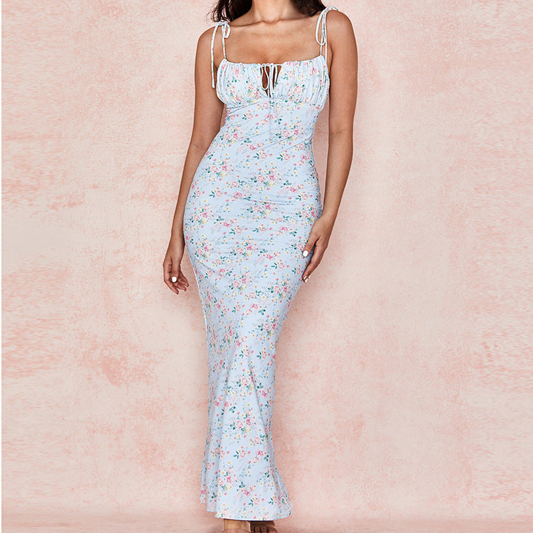 Floral Print Long Dress Puff Short Sleeve