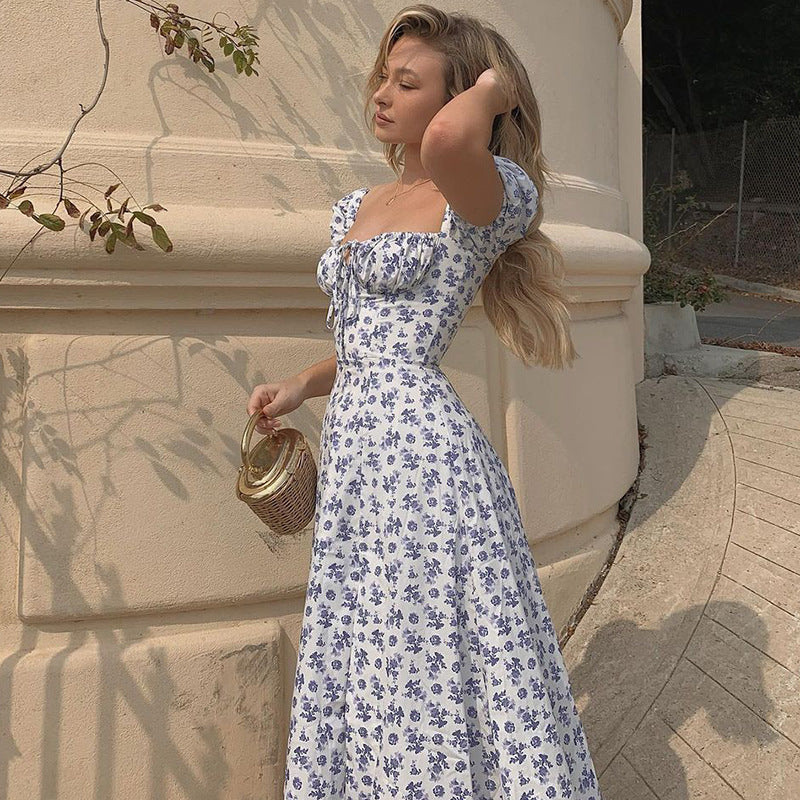 Floral Print Long Dress Puff Short Sleeve