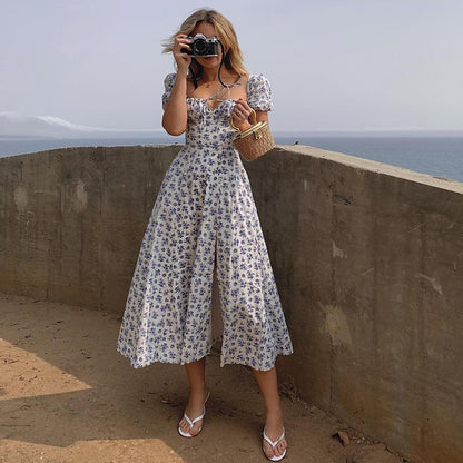 Floral Print Long Dress Puff Short Sleeve