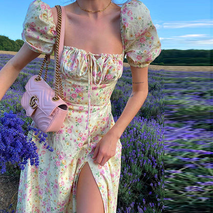 Floral Print Long Dress Puff Short Sleeve