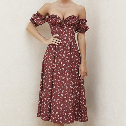 Floral Print Long Dress Puff Short Sleeve