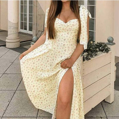 Floral Print Long Dress Puff Short Sleeve