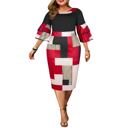 New Style Flying Sleeves Three-quarter Plus Size Women's Printed Dress
