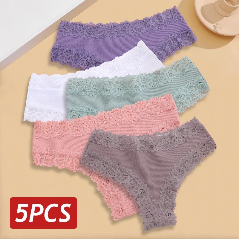 5PCS Set Women Lace Seamless Cotton Sexy Brazilian Panties