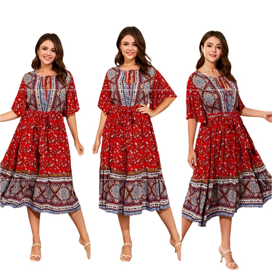 V Neck Print Beach Dress