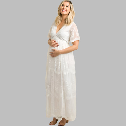 V Neck White Lace Short Sleeve Maternity Dresses