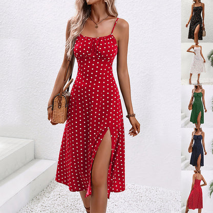 New Polka Dot Print Suspender Dress Summer Split Long Dress