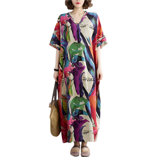 Cotton And Linen Printed Loose Plus Size Long Dress