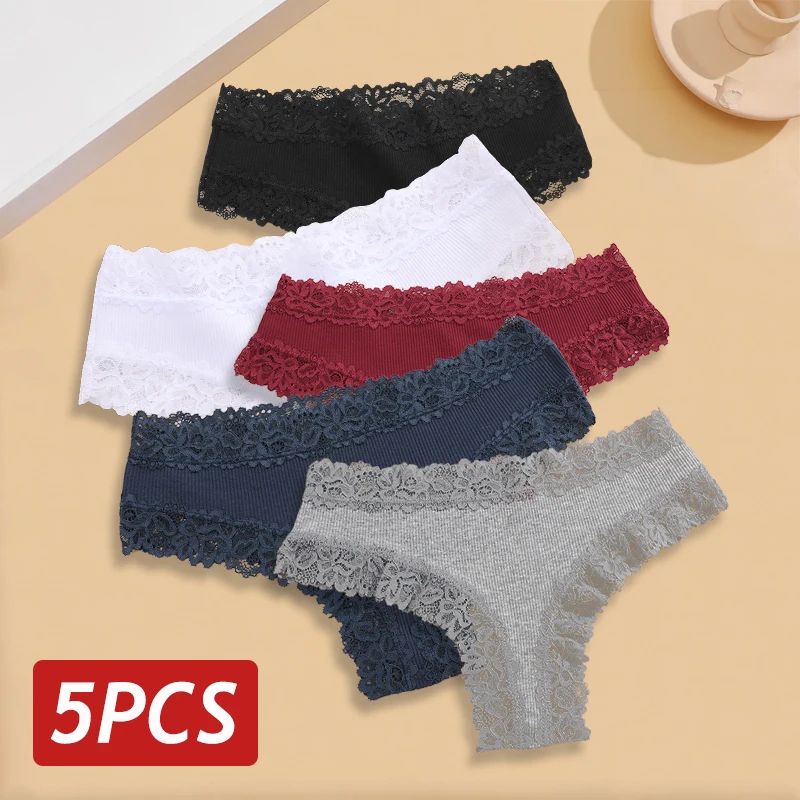 5PCS Set Women Lace Seamless Cotton Sexy Brazilian Panties