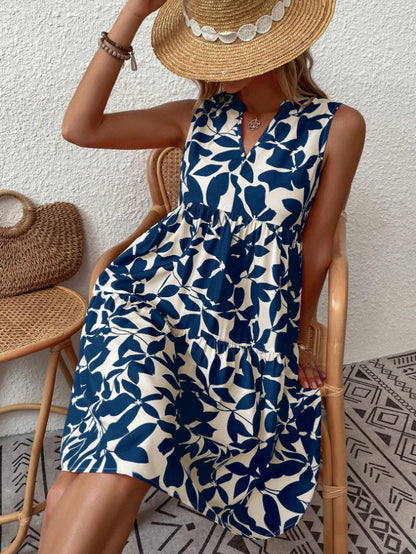 Bohemian Loose V-neck Pleated Print Sleeveless Dres
