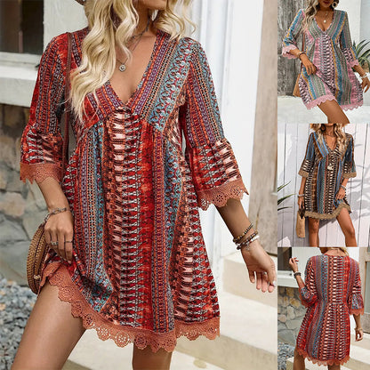 Bohemian Style V-neck Printed Dress