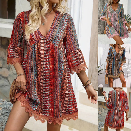 Bohemian Style V-neck Printed Dress
