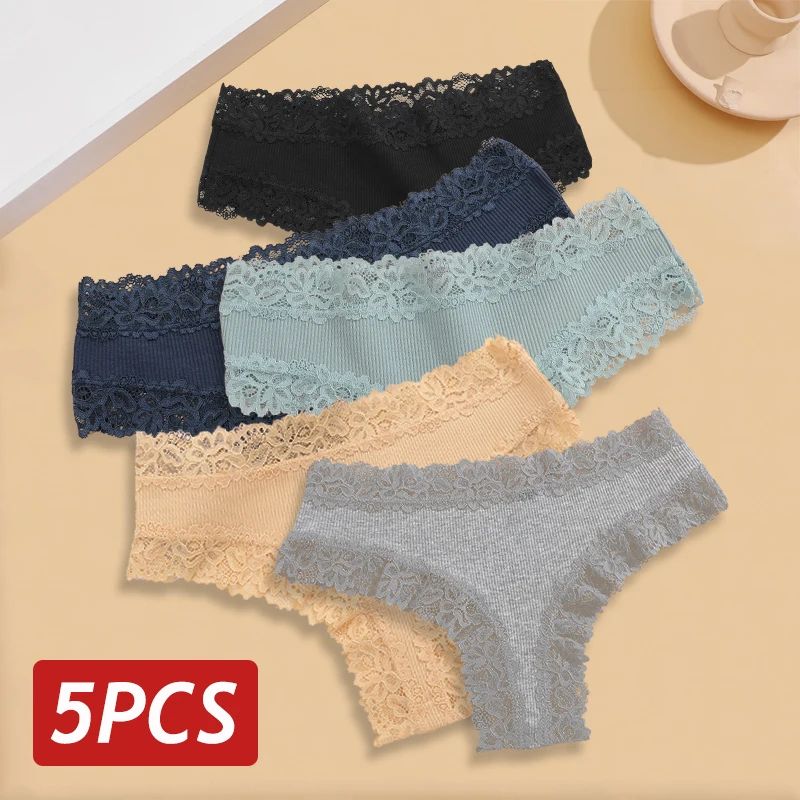 5PCS Set Women Lace Seamless Cotton Sexy Brazilian Panties