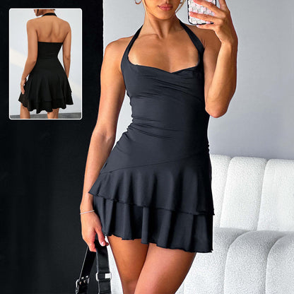 Slim Halter-neck  Sleeveless Backless Ruffled Short Dress