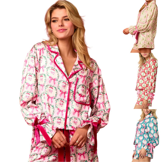 2 Pcs Women's Christmas Pajama Set Santa Tree Print Lapel Neck Button-up Long Sleeve Tops Shorts Loungewear Outfit