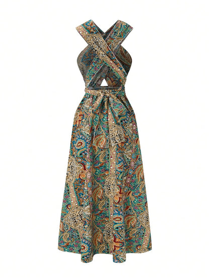 Women Print  High Waisted Cross Halter Neck With Tie Maxi Dress