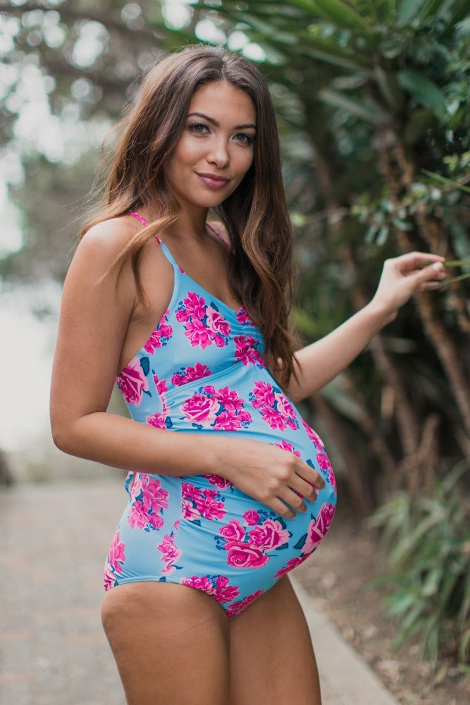 Maternity swimwear solid color pull-edge