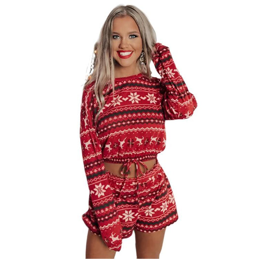 Women Christmas Pajama Sets Long Sleeve Crop Top Shorts 2Pcs