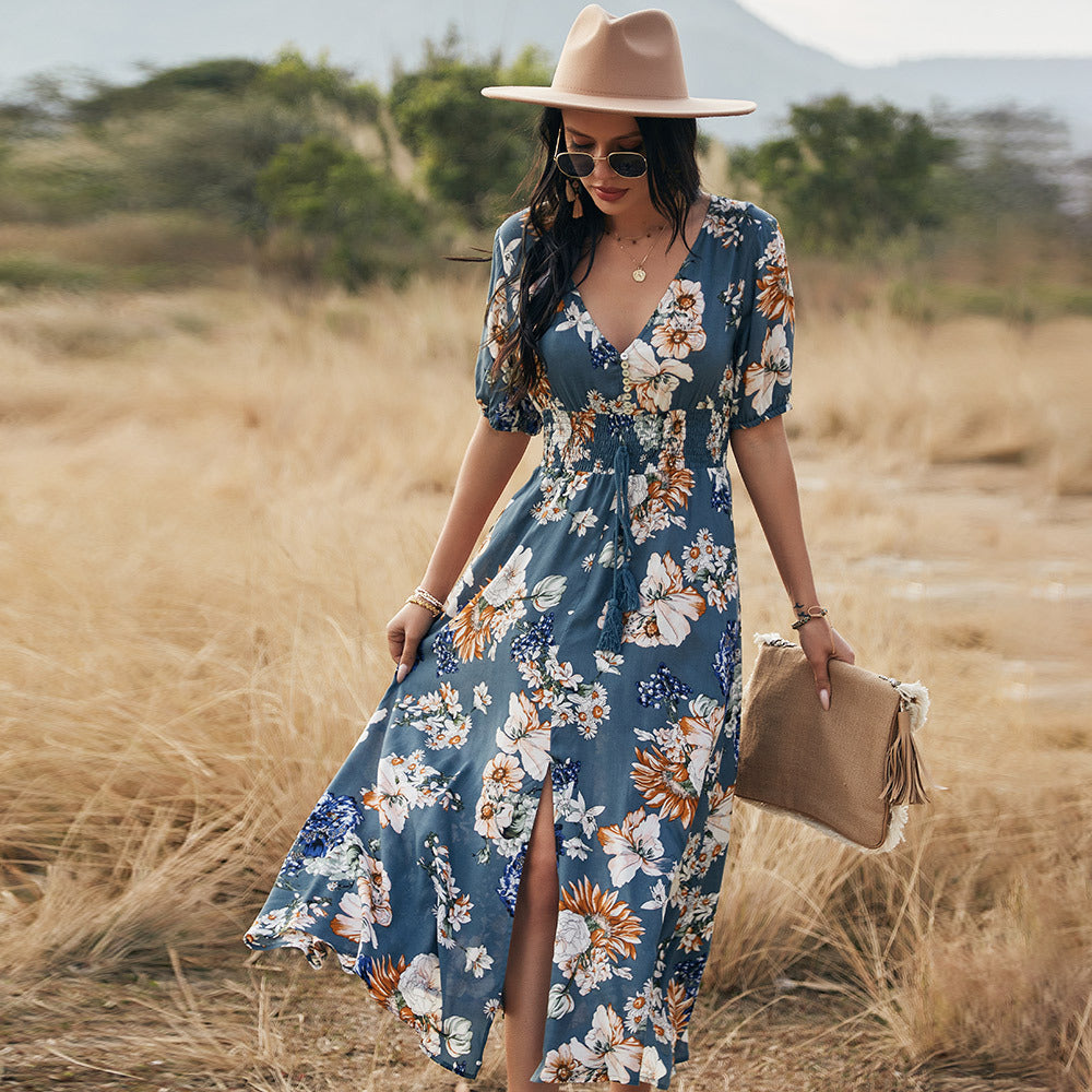 Floral Summer Dress With V Neck Elastic Waist