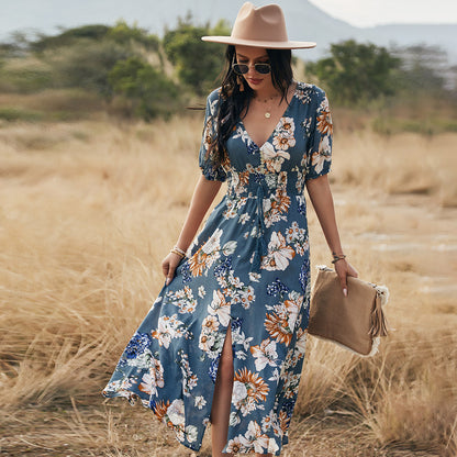 Floral Summer Dress With V Neck Elastic Waist