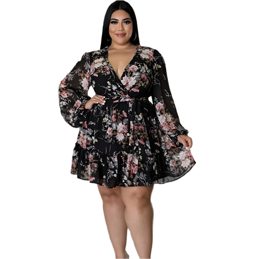 Plus Size Flower Print Chiffon V Neck Out Long Sleeve Dress