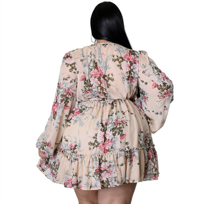 Plus Size Flower Print Chiffon V Neck Out Long Sleeve Dress