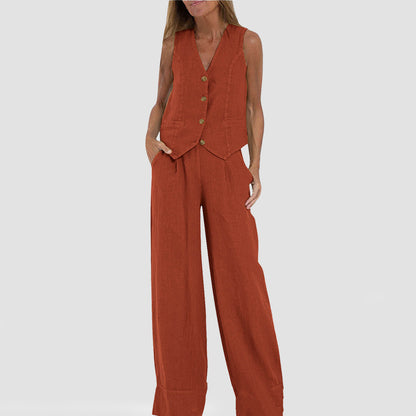 Summer Vest Suits V-neck Bottom Sleeveless Top And Loose Straight Pant