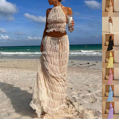 2pcs Women's Dress Suit Sexy Sleeveless Backless Cropped Halter Top And Pleated Long Skirt