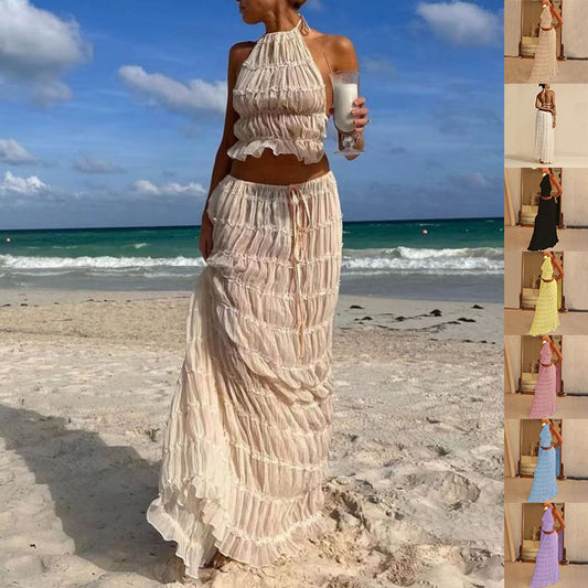 2pcs Women's Dress Suit Sexy Sleeveless Backless Cropped Halter Top And Pleated Long Skirt