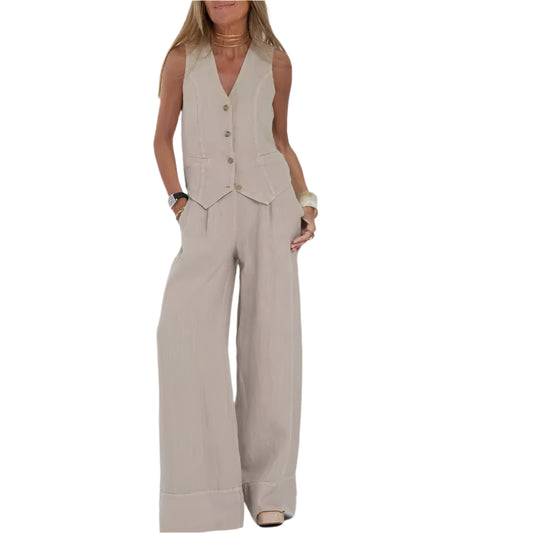 Summer Vest Suits V-neck Bottom Sleeveless Top And Loose Straight Pant