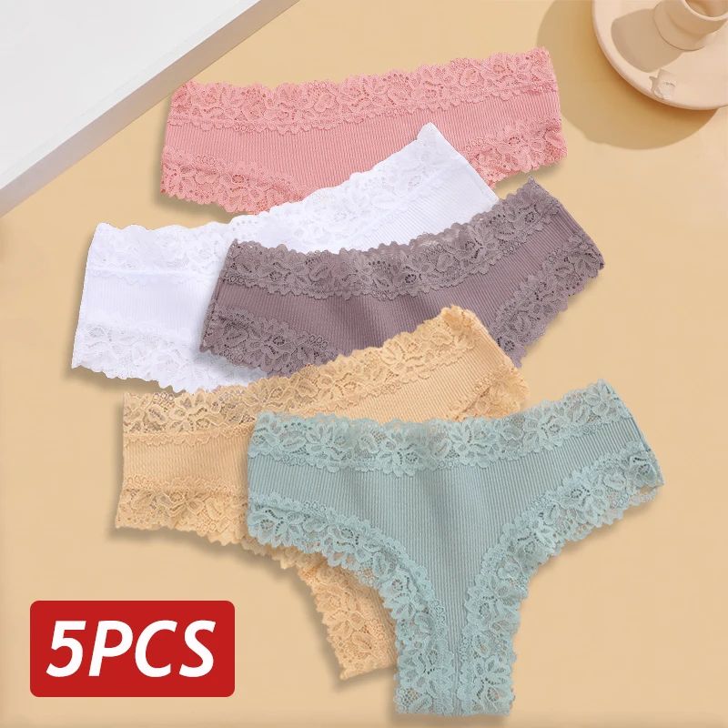 5PCS Set Women Lace Seamless Cotton Sexy Brazilian Panties