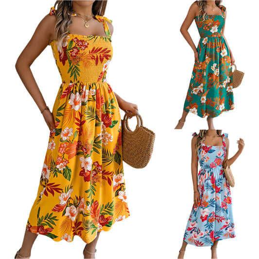 Flowers Print Suspender Corset Long Dress