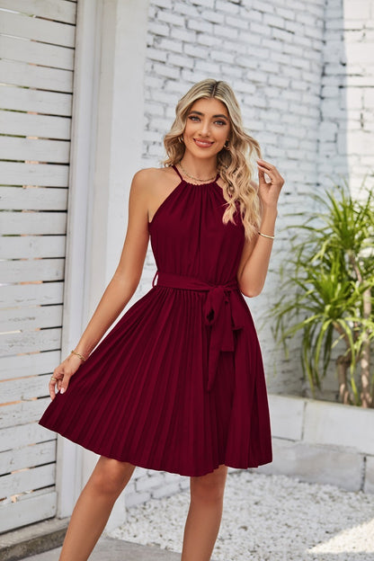 Halter Strapless Solid Pleated Dress