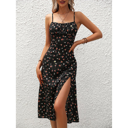 New Polka Dot Print Suspender Dress Summer Split Long Dress