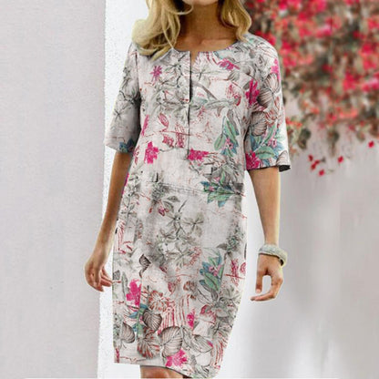 Summer Floral Leaf Print Slit Round Neck Half Sleeve Dress