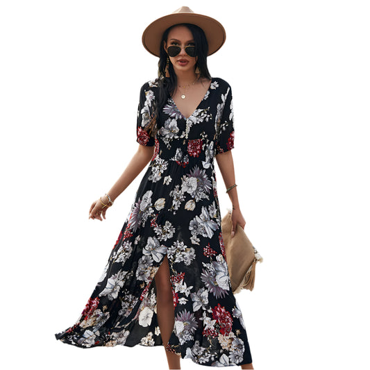 Floral Summer Dress With V Neck Elastic Waist