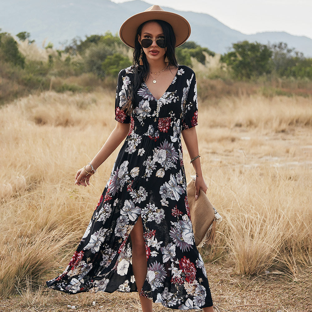 Floral Summer Dress With V Neck Elastic Waist