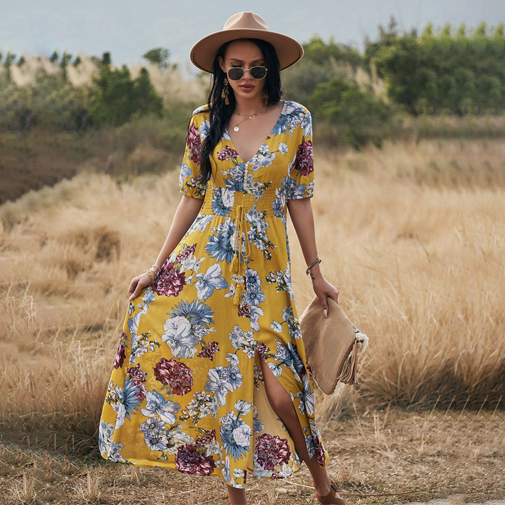 Floral Summer Dress With V Neck Elastic Waist